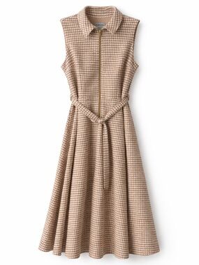 Shelby & Palmer Sleeveless Collared Houndstooth Midi Dress in Beige Size 8